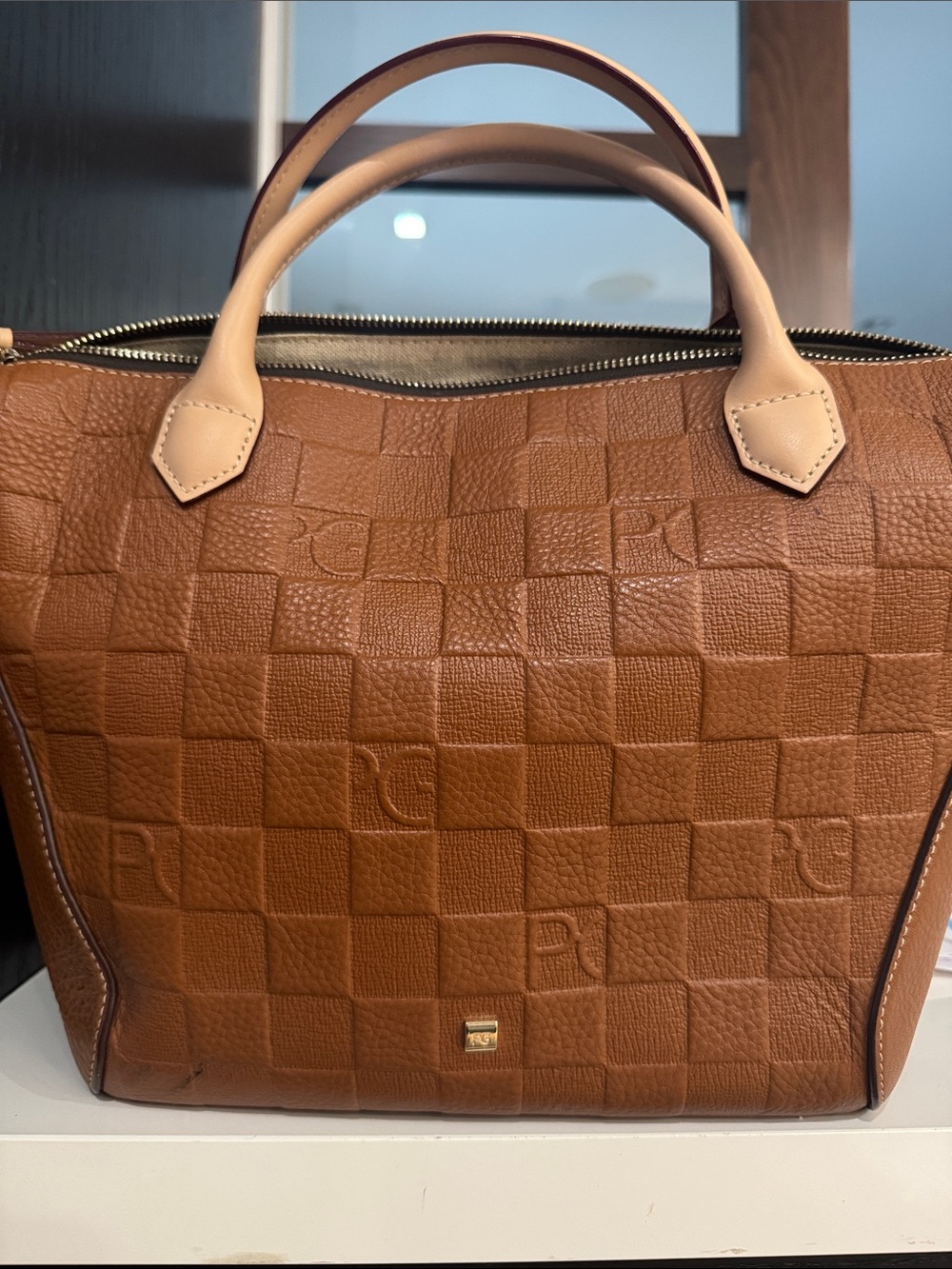 Purificación García PG Monogram Brown Leather Satchel Tote Bag